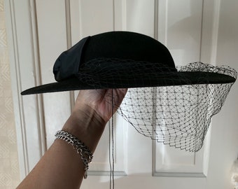 Vintage 80s goth glam hat Black wool Veiled fishnet