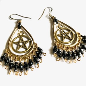 Pentagram Earrings-beaded gold-Pentacle earrings-Wiccan-Pagan-Occult-Goth-Witchcraft