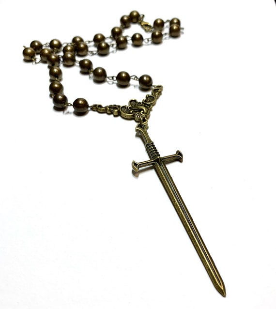 Sword Necklace Fancy Dagger Rosary Chain Bronze Beads - Etsy