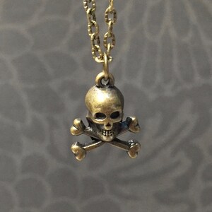 May include: A bronze-colored skull and crossbones pendant hangs from a matching chain. The skull has detailed features, and the crossbones are positioned beneath it. The necklace is likely a gothic or pirate-themed accessory.