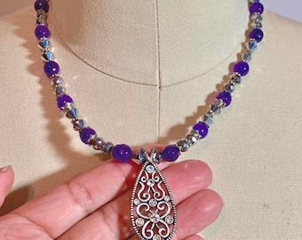 Teardrop Filigree pendant on purple and silver beaded necklace