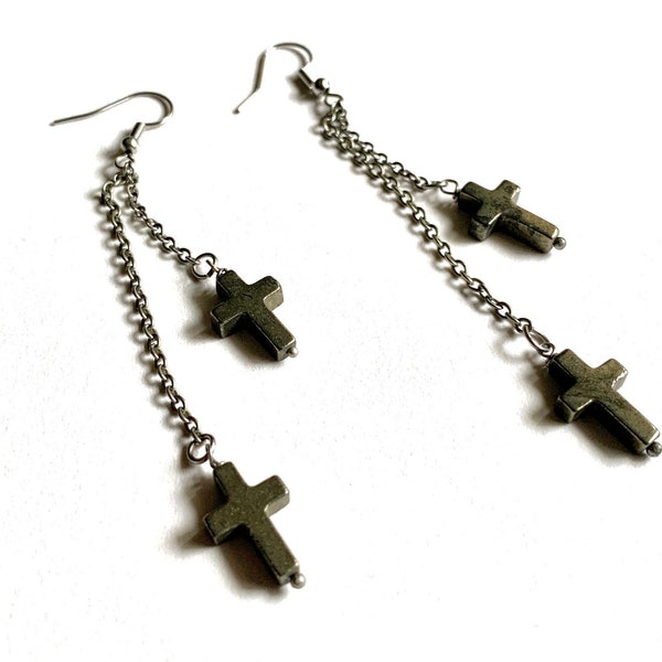 Trad goth earring cross with long chain baby bat post punk death rock