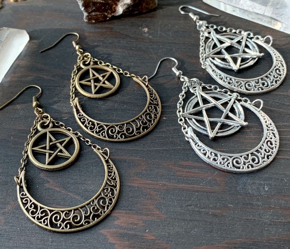 Pentagram Earrings-silver or Bronze-pentacle Earrings-crescent  Moon-wiccan-pagan-occult-goth-witchcraft 