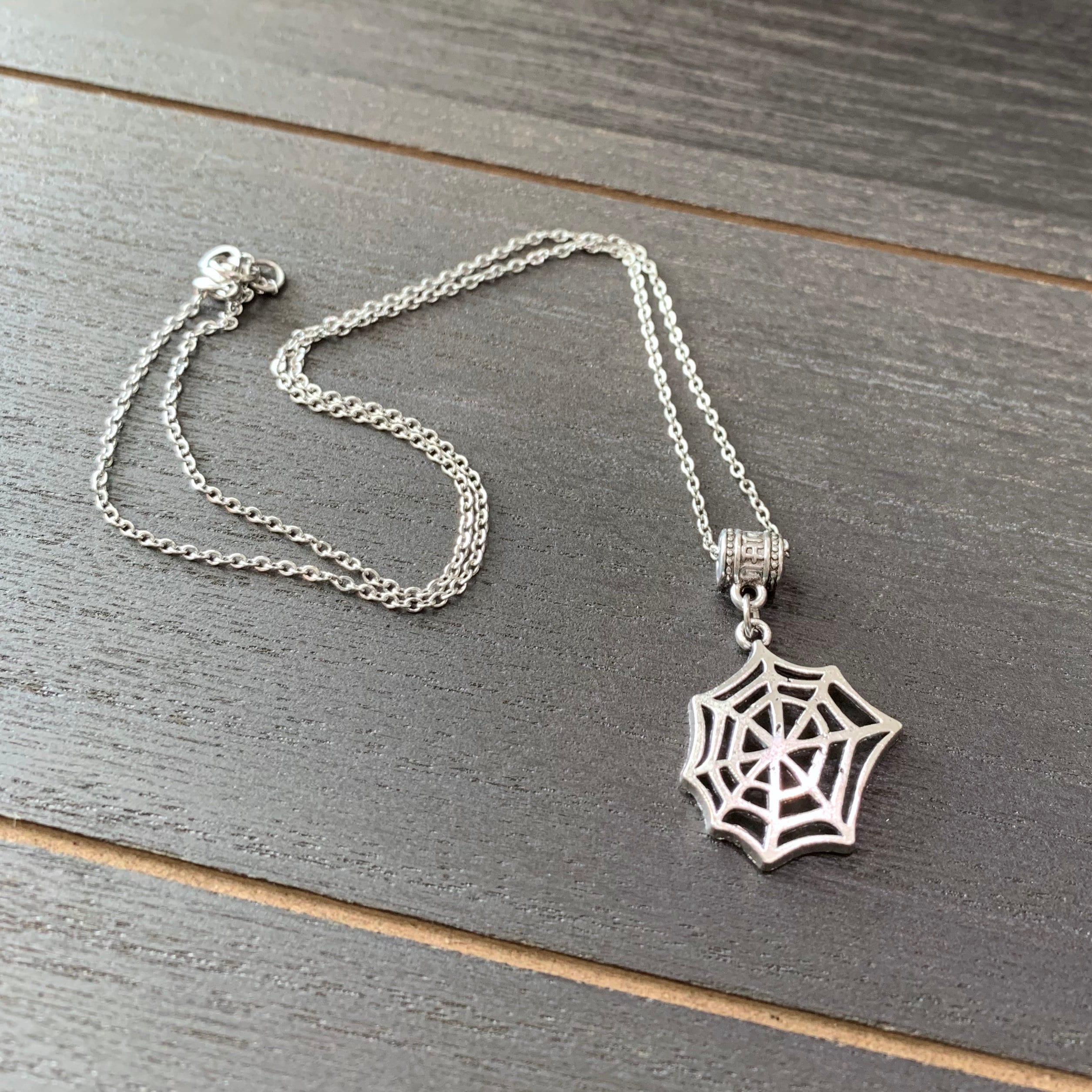 Web necklace-spider web-Stainless steel chain-Tattooed girl-Spider-Punk-goth-grunge-trad goth-cobweb-creepy-halloween-macabre-morbid