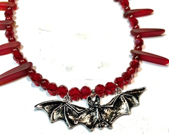 Red beaded bat necklace-bat jewelry-goth jewelry-blood red-Vampire necklace
