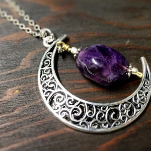 Amethyst Moon Necklace-Crescent moon-Goth necklace-Choose your length-Moon necklace-Silver Moon Pendant-Witchy-Wiccan-Healing Stones