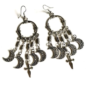 Moon Chandelier earrings-Fairy core-Whimsigoth-Fairy goth-Moon filigree earrings-Goth