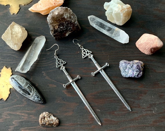 Sword earrings-Highlander-Triquetra-Silver-Katana-Long Sword-Excalibur-Blade-Slay