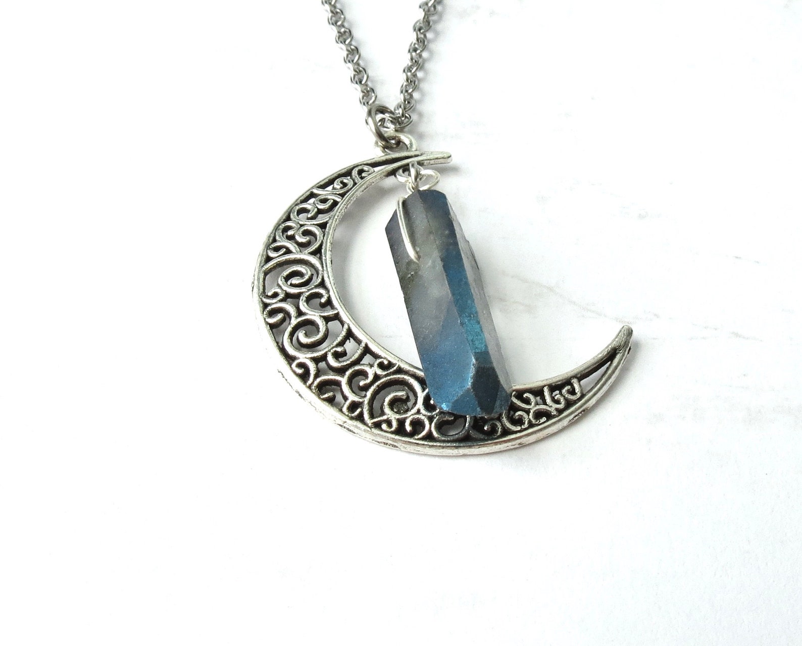 Titanium blue Moon NecklaceWire wrappedCrescent moonchoker Etsy