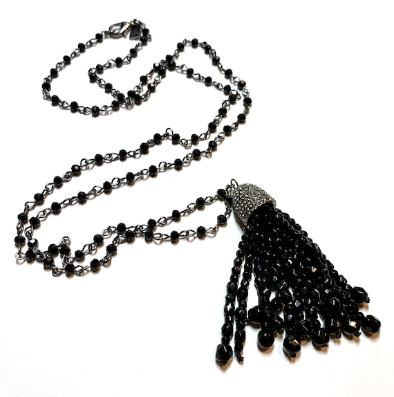 Vintage tassel necklace black beaded necklace Rosa