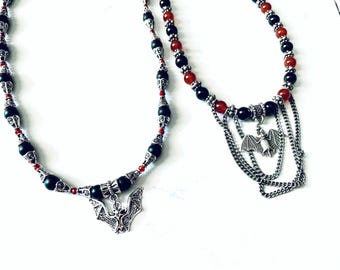 Gothic bat necklace-red and black bat jewelry-goth jewelry-victorian jewelry-Vampire