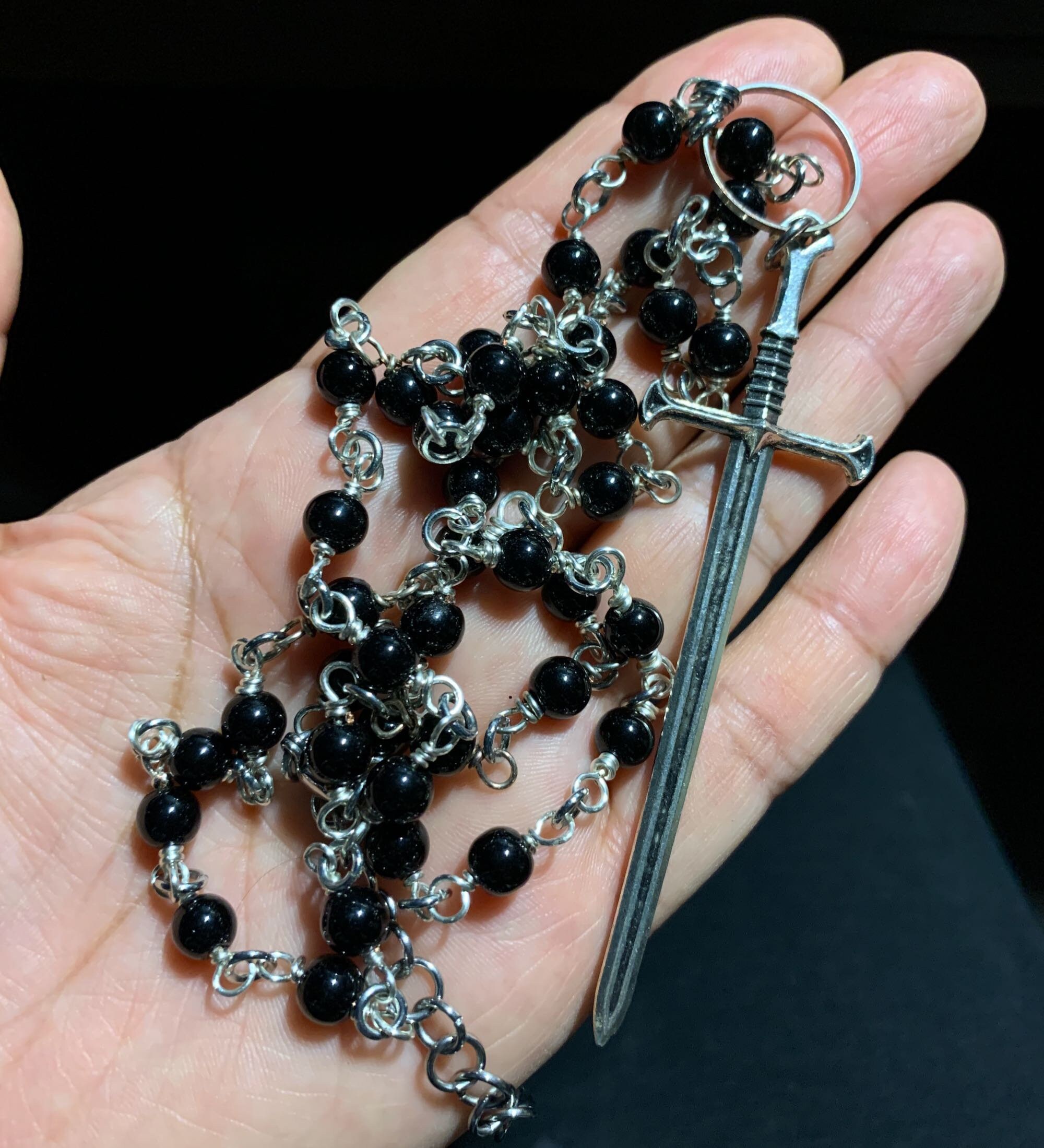 Sword Necklace-rosary Chain-hand Wrapped-black-goth-o Ring - Etsy