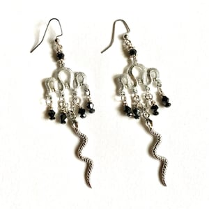 May include: Silver dangle earrings with black crystal beads and a snake charm.