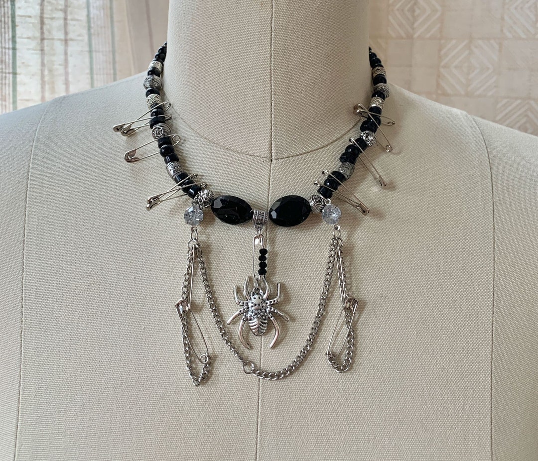Black Bead Spider Necklace With Chain and Safety Pins - Etsy