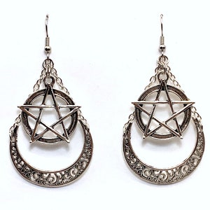 Pentagram Earrings-Silver or bronze-Pentacle earrings-Crescent moon-Wiccan-Pagan-Occult-Goth-Witchcraft