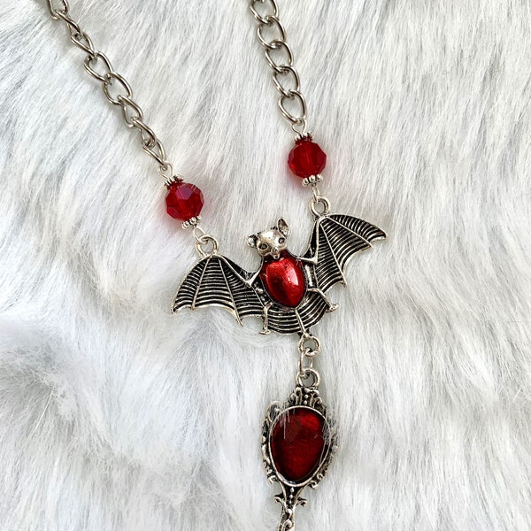 Gothic Bat Necklace-Red Beads-Vampire-Goth