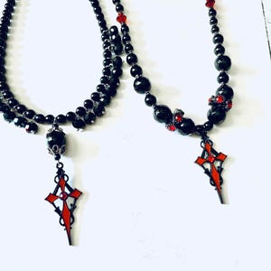 Red and black Gothic Style Crucifix black beaded necklace
