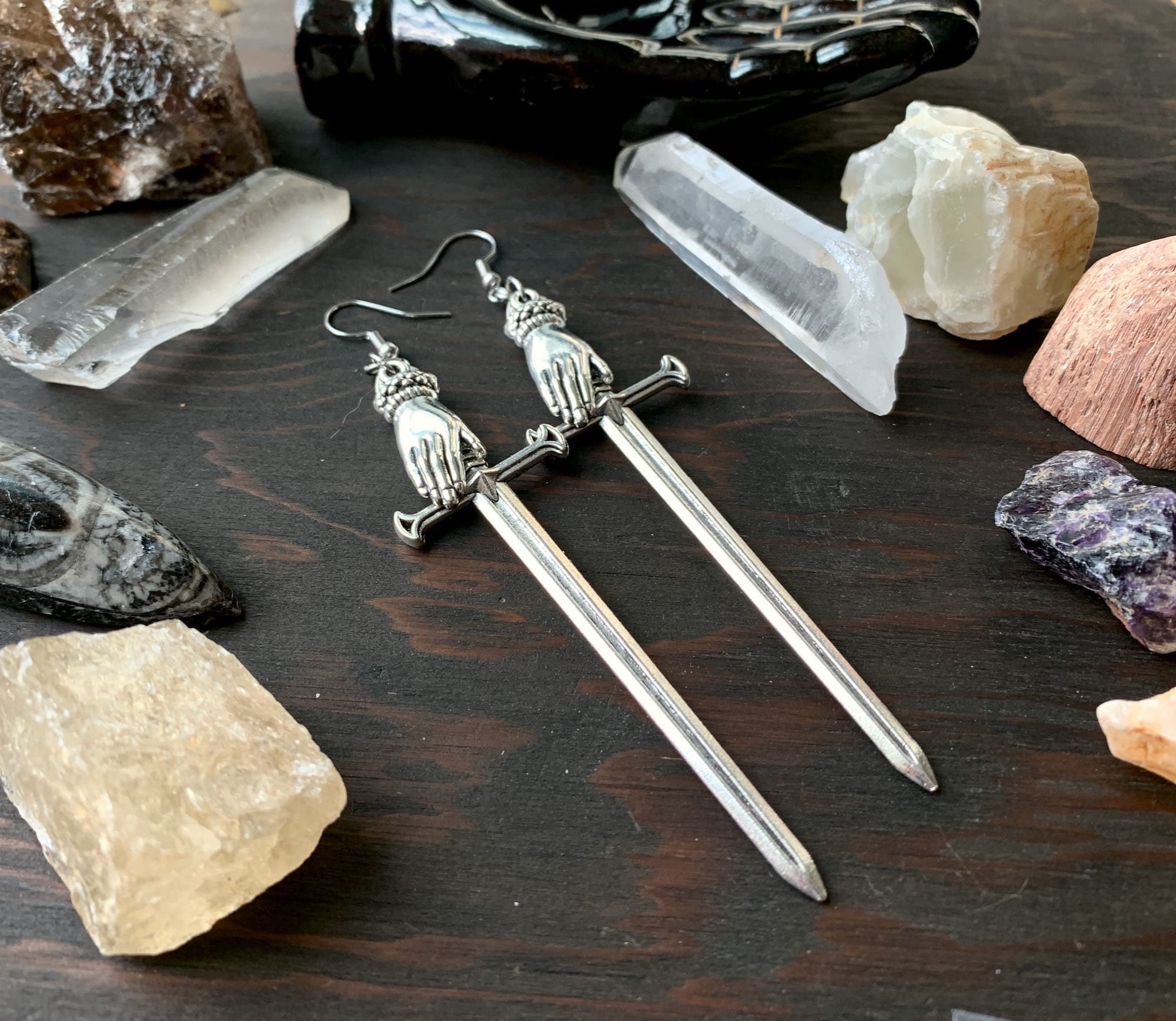 Handmade Dagger Sword Athame Cross Drop Earrings - Silver Plated, Nickel-Free, Gothic Pagan Style