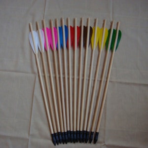 Op de afbeelding: Een set van 15 houten pijlen met kleurrijke veren. De pijlen zijn allemaal even lang en hebben zwarte punten. De veren zijn in verschillende kleuren, waaronder rood, blauw, groen, geel, roze en wit.