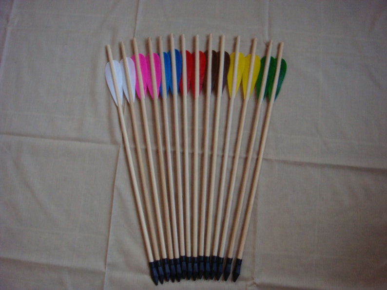 Op de afbeelding: Een set van 15 houten pijlen met kleurrijke veren. De pijlen zijn allemaal even lang en hebben zwarte punten. De veren zijn in verschillende kleuren, waaronder rood, blauw, groen, geel, roze en wit.