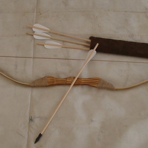 Children's Bamboo and Wood bow and arrow set with 4 18 arrows and Leather Quiver image 1