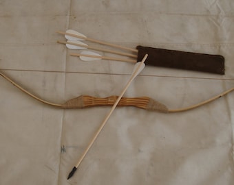 Children's Bamboo and Wood bow and arrow set with 4 - 18" arrows and Leather Quiver