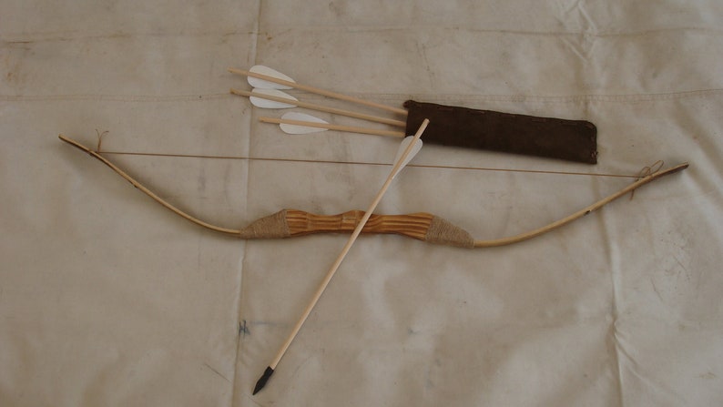 Children's Bamboo and Wood bow and arrow set with 4 18 arrows and Leather Quiver image 1