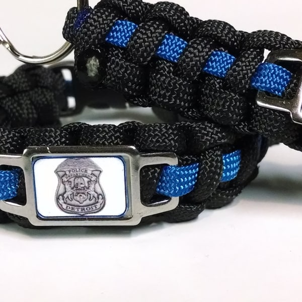 Combo Set Thin Blue Line Detroit Police Department Michigan officer DPD Badge Patch K9 Mounted School District Paracord Survival Bracelet