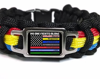No One Fights Alone NOFA Thin Yellow Red Blue Lines Dispatch Police Fire EMS MIL Nurse Paracord Survival Bracelet Key Chain Lanyard and Sets