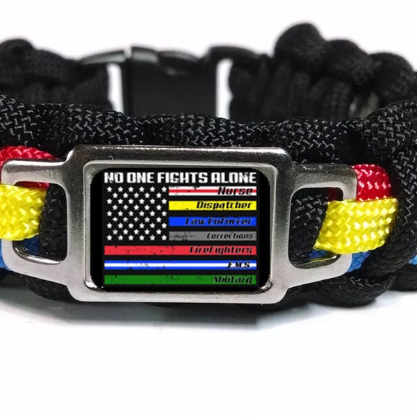 No One Fights Alone NOFA Thin Yellow Red Blue Lines Dispatch Police Fire EMS MIL Nurse Paracord Survival Bracelet Key Chain Lanyard and Sets