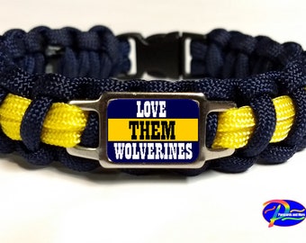 Love them Wolverines University of Michigan NCAA Uniform Inspired Paracord Survival Bracelet with 2 Image Key Chain Set
