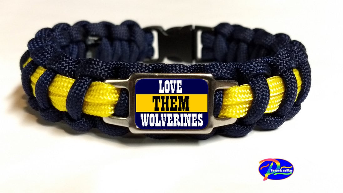Love them Wolverines University of Michigan NCAA Uniform Inspired Paracord Survival Bracelet with 2 Image Key Chain Set