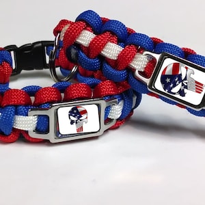 Patriotic Red White and Blue Punisher Skull USA America Paracord Survival Bracelet and Key Chain Combo Set