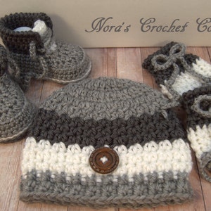 Crochet Baby Hat, Shoes, Mittens Charcoal, Gray, and White