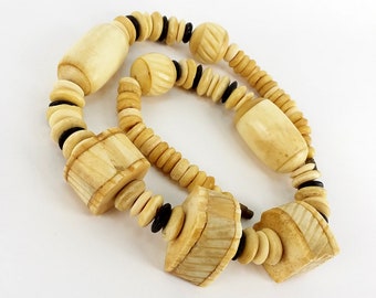 Vintage 30s Carved Bone Beaded Tribal Necklace | chunky large disc barrel bovine 20s antique 1930s unique bones antique depression beads