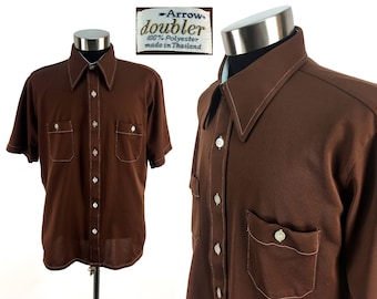 Vintage 70s Chocolate Brown Button-Down Pocket Shirt LARGE by Arrow // Long Collar // 1970s // Disco Era // Short-Sleeve // Doubler // L