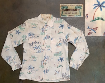 Vintage 40s Long Sleeved Silk Aloha Shirt By Towncraft | shell buttons flying fish hula hawaiian hawaii surfer beach tropical dagger collar