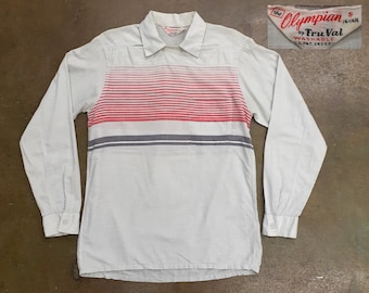 Vintage 50s Gradation Striped Slip-Over Cotton Sport Shirt By Tru Val | The Olympian yoke pullover bib button detail pocket rockabilly 40s