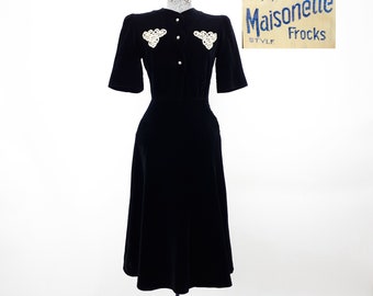 Vintage 30s 40s Black Velvet Dress W/ Scallop Front Detail By Maisonette Frocks | side snap 1930s 1940s puff shoulder pads bell sleeves