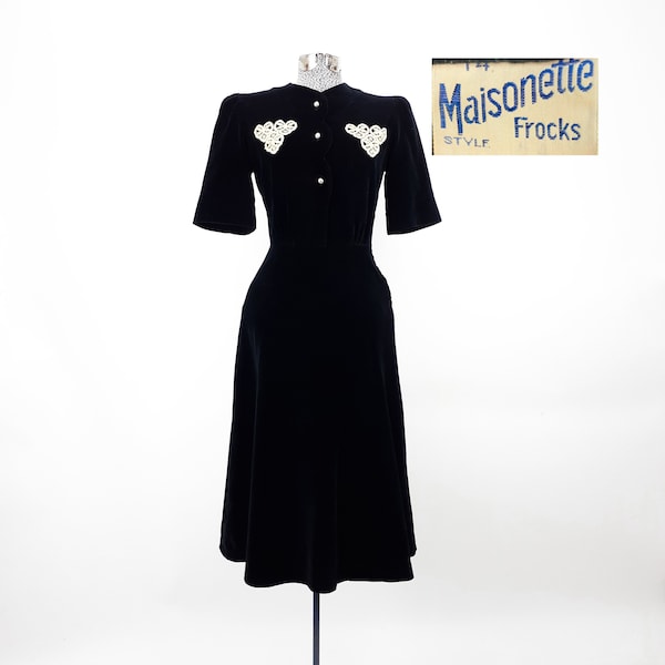 Vintage 30s 40s Black Velvet Dress W/ Scallop Front Detail By Maisonette Frocks | side snap 1930s 1940s puff shoulder pads bell sleeves