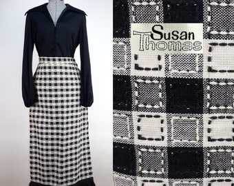 Vintage 60s 70s Checkered Fringe Maxi Skirt & Blouse Set By Susan Thomas | dress 2pc polyester fringe mod black and white chess cotton boho