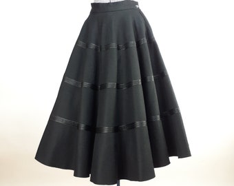 Vintage 50s Black Ribbon Striped Felt Circle Skirt | swing dance rockabilly pinup poodle satin goth malt shop formal fifties soft witchy