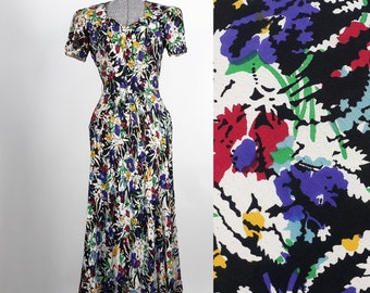 Vintage 30s 40s Flowers & Lace Print Rayon Crepe Sweetheart Dress | floral 1940s 1930s shoulder pads side zip koh-i-noor abstract ww2