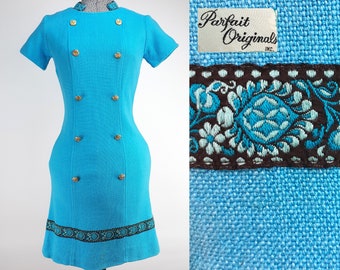 Vintage 60s Aqua Blue Asian Inspired Mini Dress By Parfait Originals | embroidered collar stewardess short sleeve hopsack burlap military