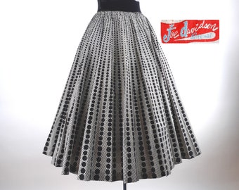 Vintage 50s Black & White Gingham Taffeta Skirt W/ Graduated Dots By Joe Davidson Originals | rockabilly western swing full circle flocked