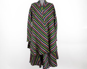 Vintage 40s 50s Chevron Taffeta Coat & Skirt Set By Maxan | primary colors jacket full dolman circle 1940s mid century 2 pc originals ribbon