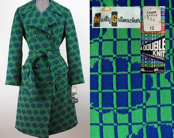 Vintage 60s 70s NOS Double Knit Fortrel Op Art Trench By Marty Gutmacher | NWT psychedelic mod green blue new old stock deadstock swing tag