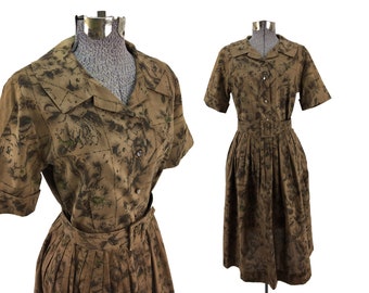 Vintage 50s Brown Floral Cotton Shirtwaist Dress Set By Sweet Adeline | 1950s full skirt pleated shirt waist blouse belt 60s brown hawaiian