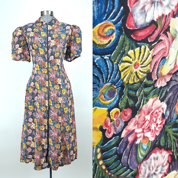 Vintage 30s Zip Front Floral Print House Coat / D… - image 1