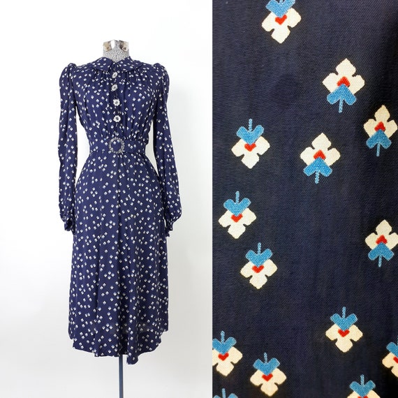 Vintage 30s 40s Geometric Orchid Print Rayon Dres… - image 1